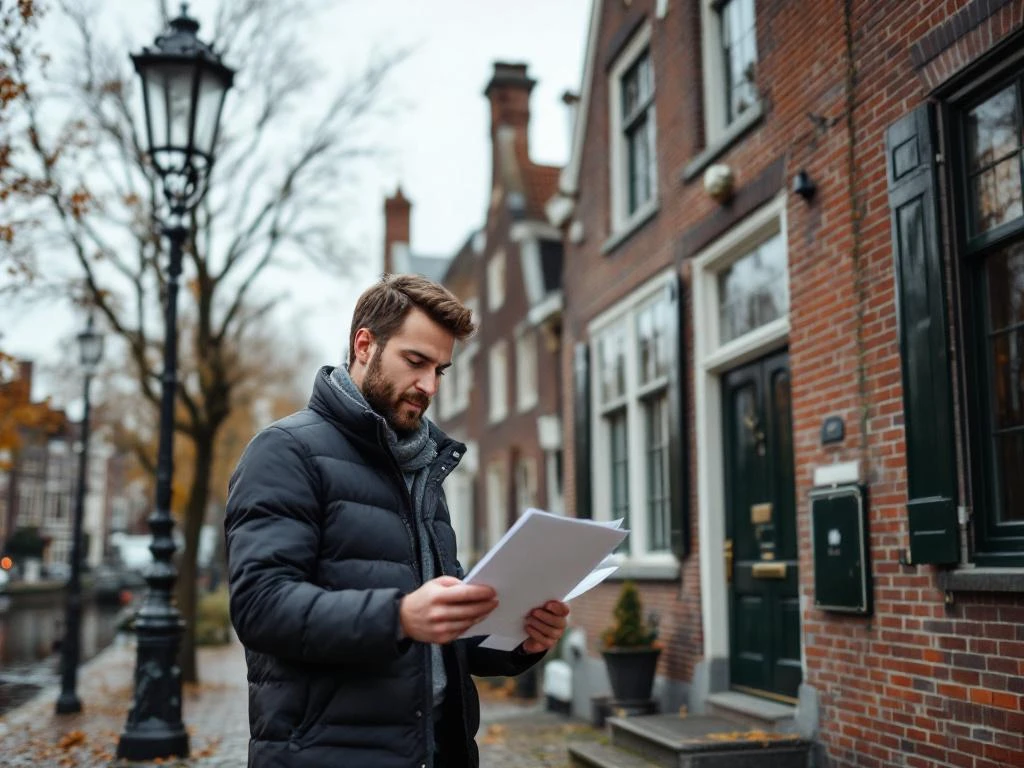 Makelaar onderzoekt documenten voor historisch grachtenpand in Gouda, Nederland tijdens bewolkte herfstdag