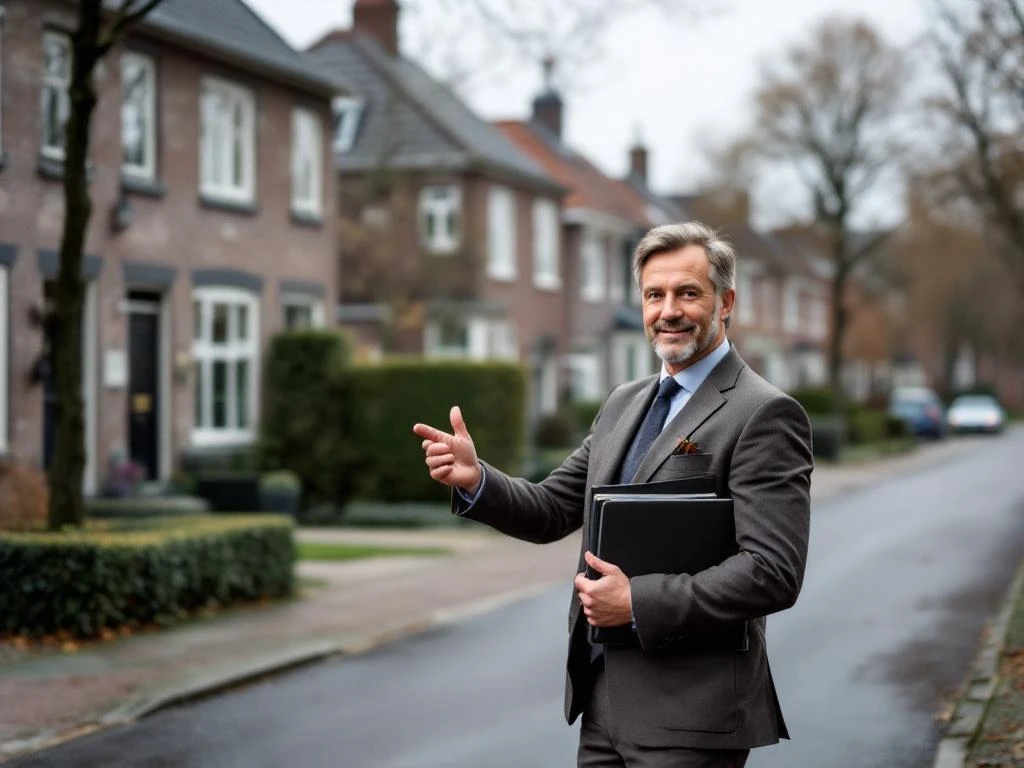 Makelaar in zakelijke kleding wijst naar rijtjeshuizen uit jaren '70 in Waddinxveen, Nederland