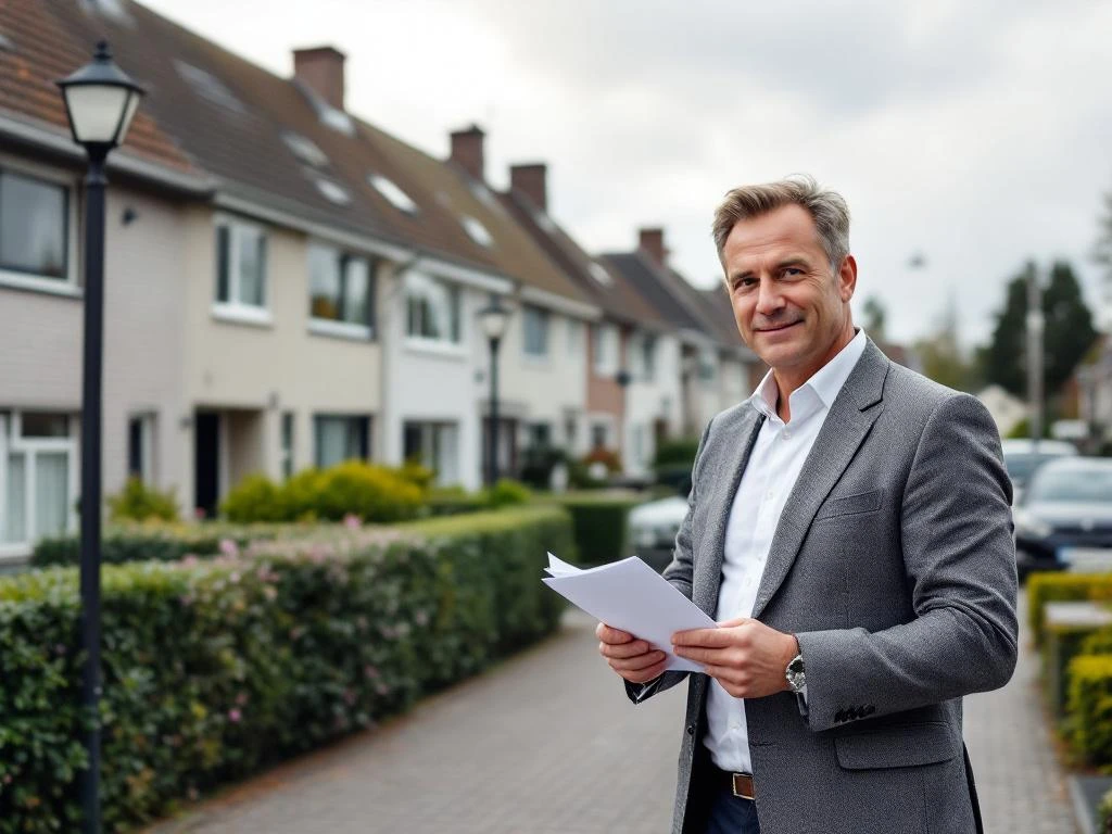 Makelaar wijst naar te koop woning in Waddinxveen straat met jaren 70-80 rijtjeshuizen en lichte bakstenen gevels