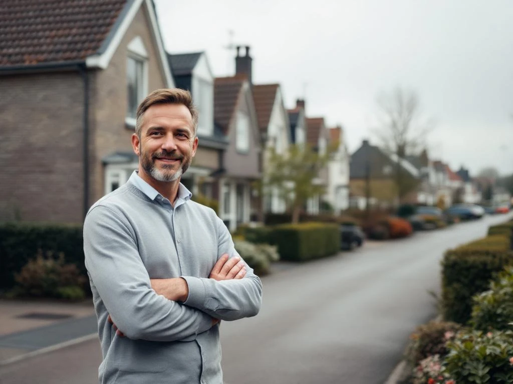 Betrouwbare makelaar in professionele kleding wijst naar jaren 70 rijtjeshuizen in rustige Waddinxveense woonstraat