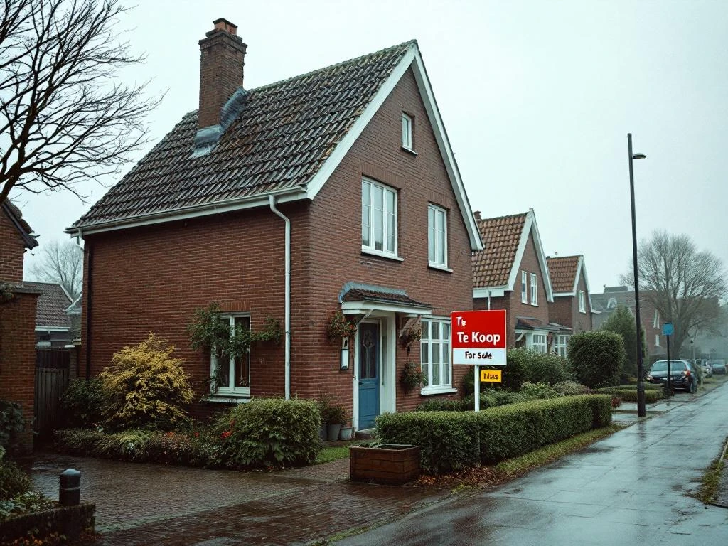 Traditioneel Nederlands huis met 'Te Koop' bord in voortuin, rode bakstenen gevel, Gouda woonstraat