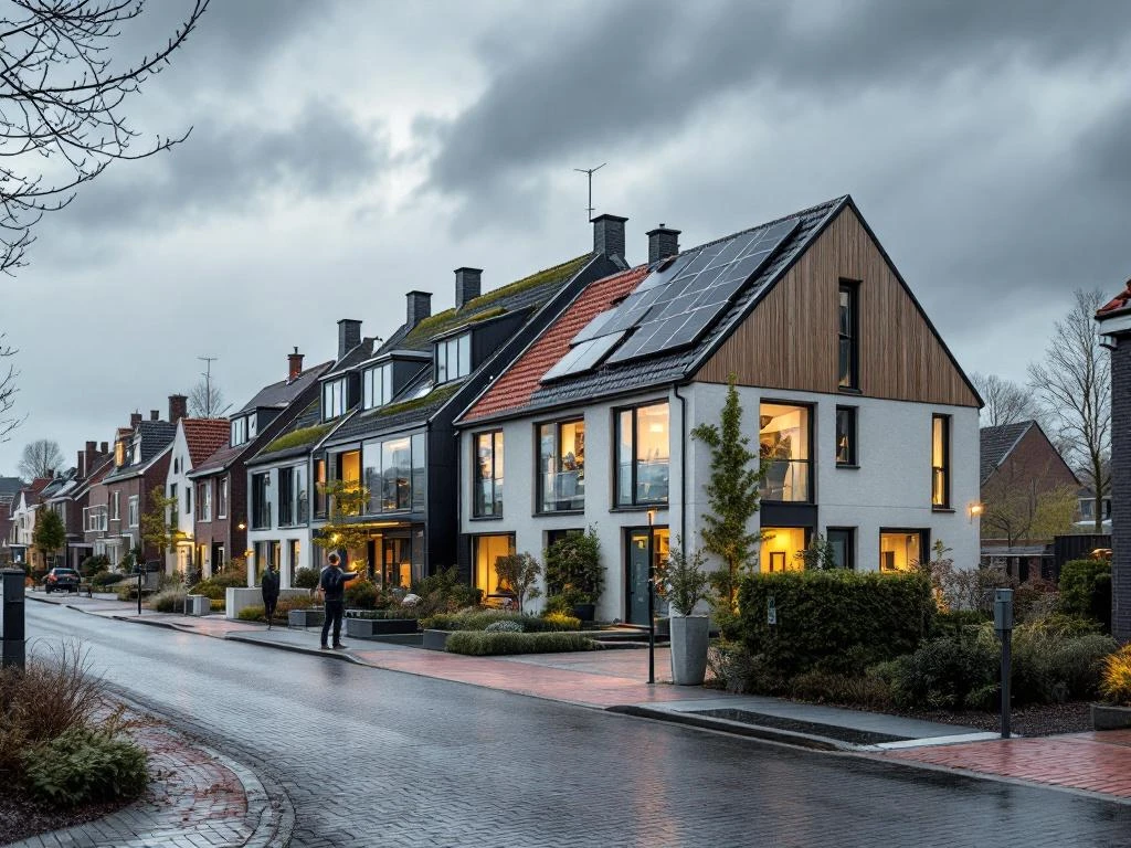 Nederlandse woonstraat in Gouda met moderne energiezuinige woningen, zonnepanelen en traditionele architectuur, makelaar wijst naar innovatieve kenmerken