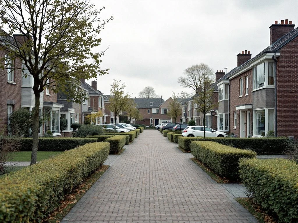 Moderne rijtjeshuizen uit jaren '70-'90 in Waddinxveen met lichte bakstenen gevels en kleine voortuinen onder grijze lucht