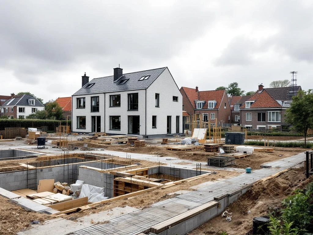 Moderne nieuwbouwwijk in verschillende bouwfasen in Gouda regio, Nederland, met traditionele Nederlandse architectuur