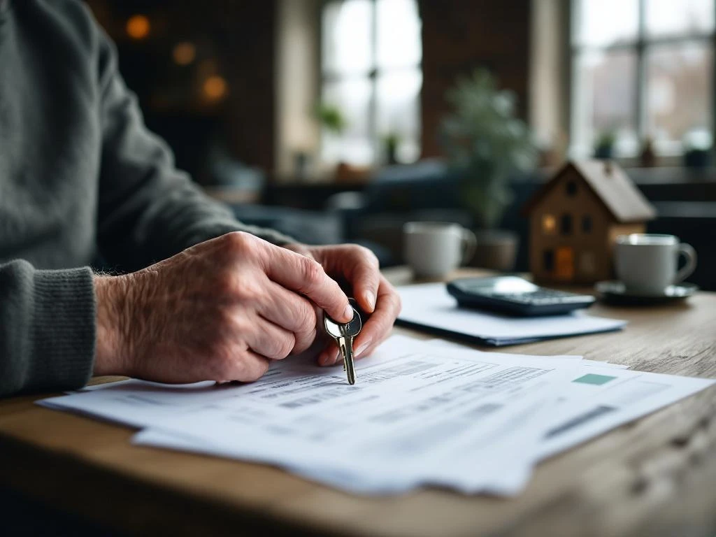 Oudere handen houden huissleutels en belastingdocumenten vast aan houten tafel in traditioneel Nederlands interieur