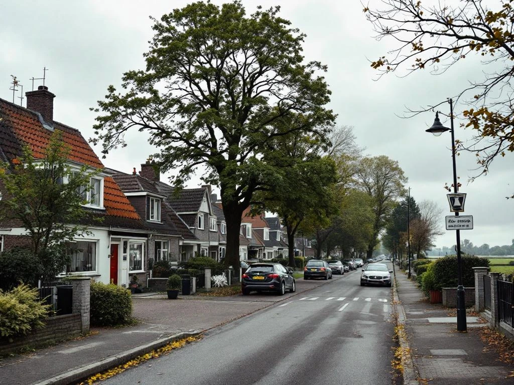 Traditionele Nederlandse woningen met rieten daken langs bomenrijke straat in Reeuwijk onder bewolkte hemel