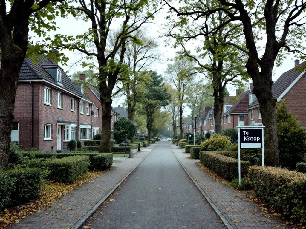 Rijwoningen uit jaren 70-80 met bakstenen gevels in rustige Reeuwijk straat, Te Koop bord zichtbaar, Zuid-Holland