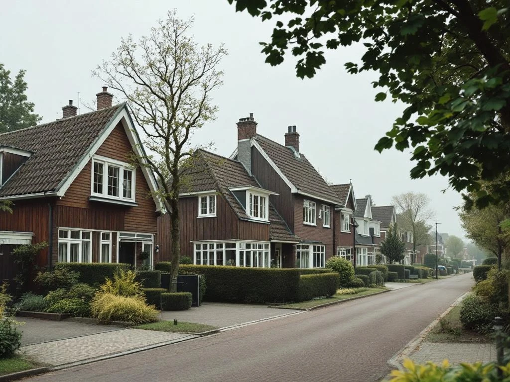 Rustige woonstraat in Reeuwijk met typisch Nederlandse jaren 70-80 woningen, grote tuinen en groene omgeving