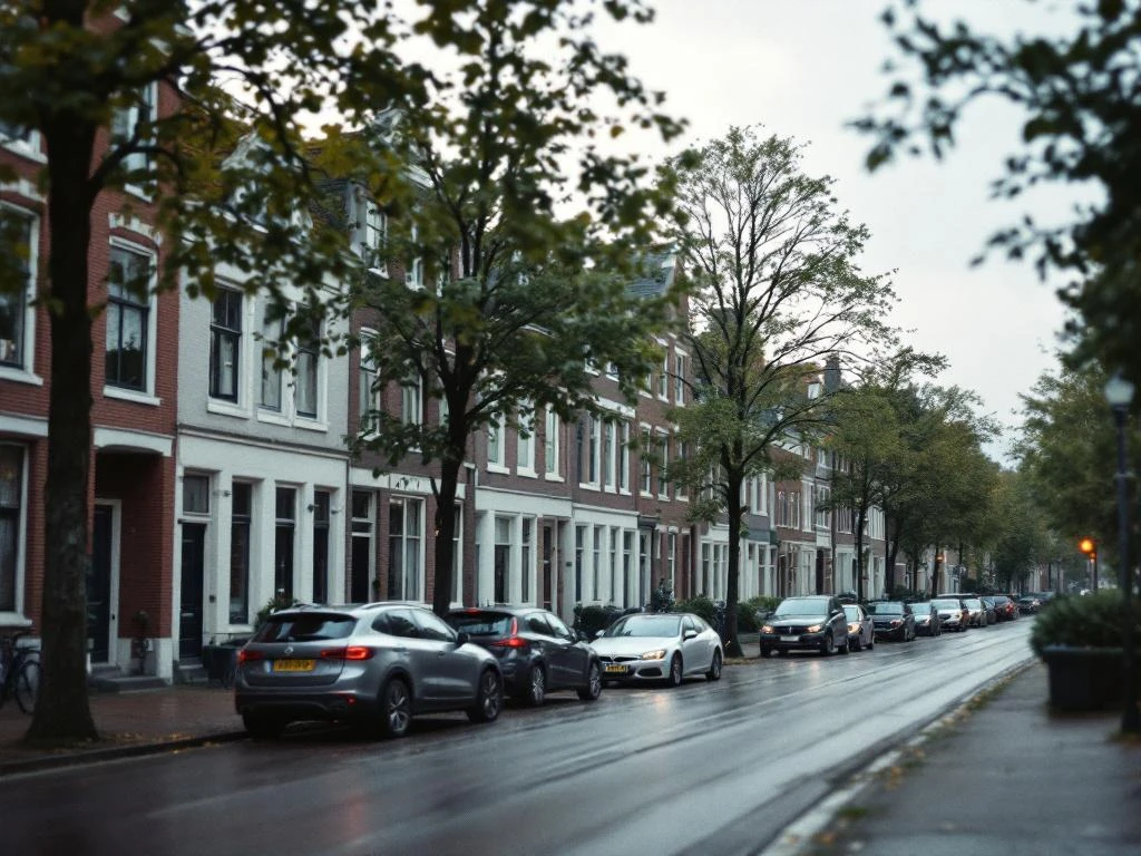 Traditionele Nederlandse herenhuizen met rode bakstenen gevels langs bomenrijke straat in Rotterdam Kralingen