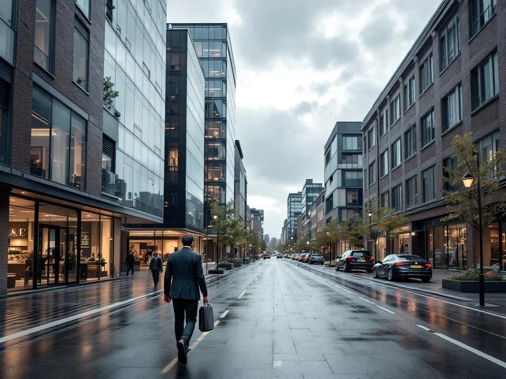 Makelaar loopt door moderne zakenwijk Rotterdam met glazen kantoorgebouwen en commerciële panden op bewolkte dag
