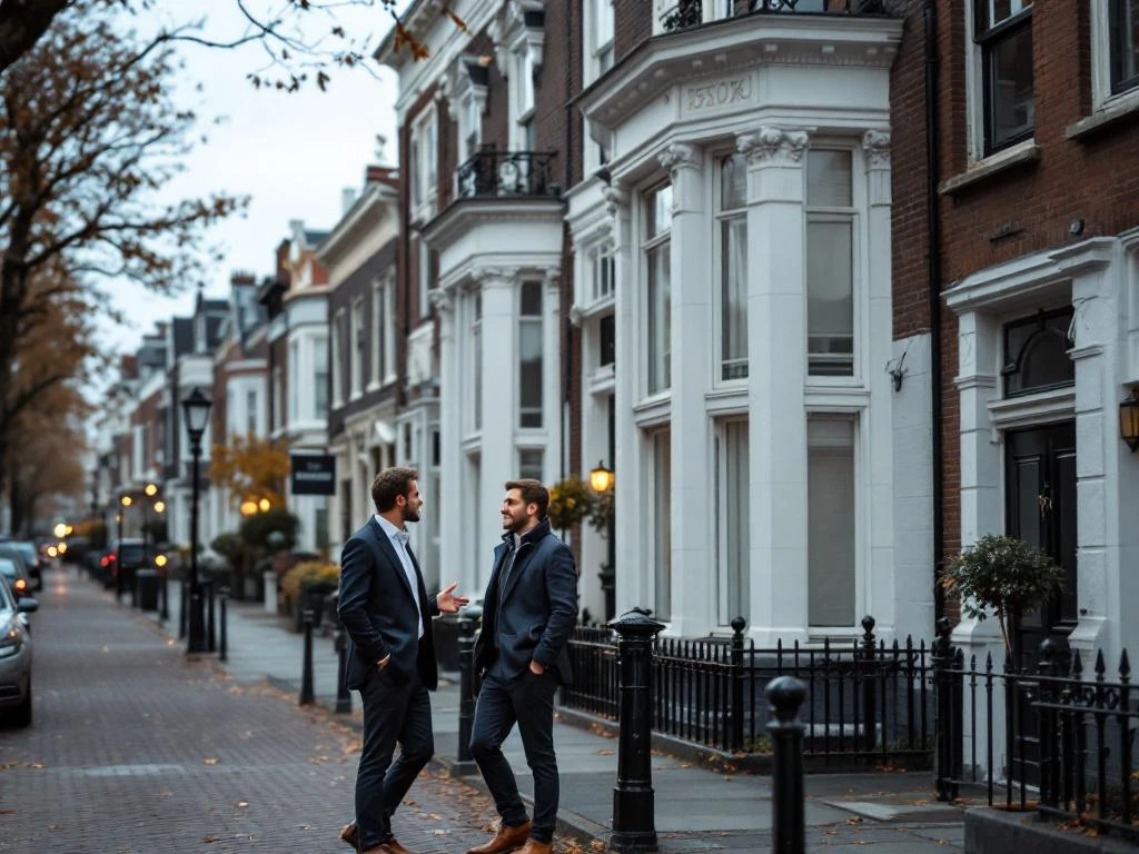 Makelaar overlegt met klanten voor karakteristiek herenhuis in Kralingen, Rotterdam op bewolkte dag