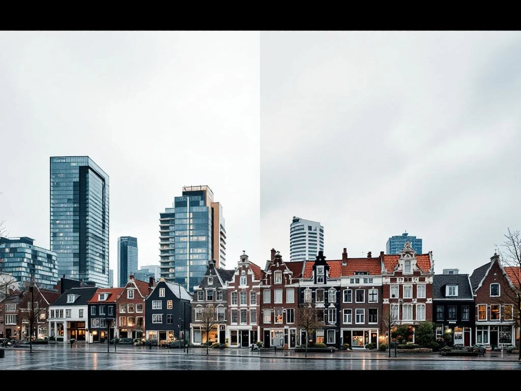 Rotterdam skyline met moderne wolkenkrabbers en traditionele Nederlandse rijtjeshuizen, grijze lucht, natte straat