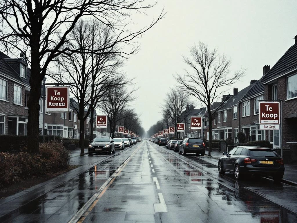Rotterdamse woonstraat met meerdere 'Te Koop' borden op huizen, mix van vooroorlogse en jaren '60 architectuur