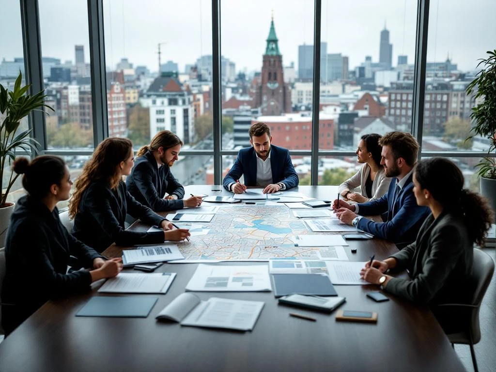Vastgoedmakelaars bespreken documenten en kaarten in moderne conferentieruimte met uitzicht op Rotterdam skyline