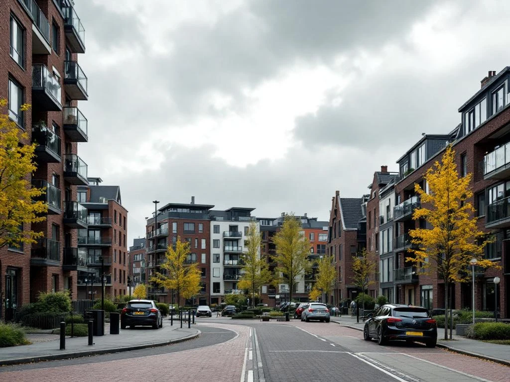 Moderne appartementen en traditionele Nederlandse woningen in Rotterdamse woonwijk onder bewolkte hemel