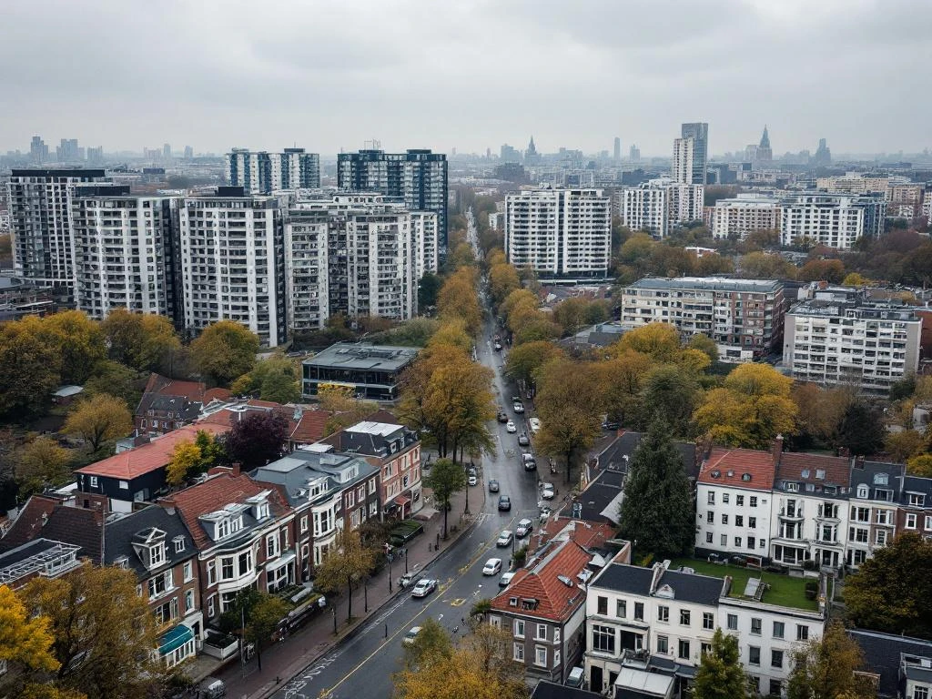 Luchtfoto van diverse Rotterdamse woonwijken met moderne appartementen, vooroorlogse herenhuizen en waterfront ontwikkelingen