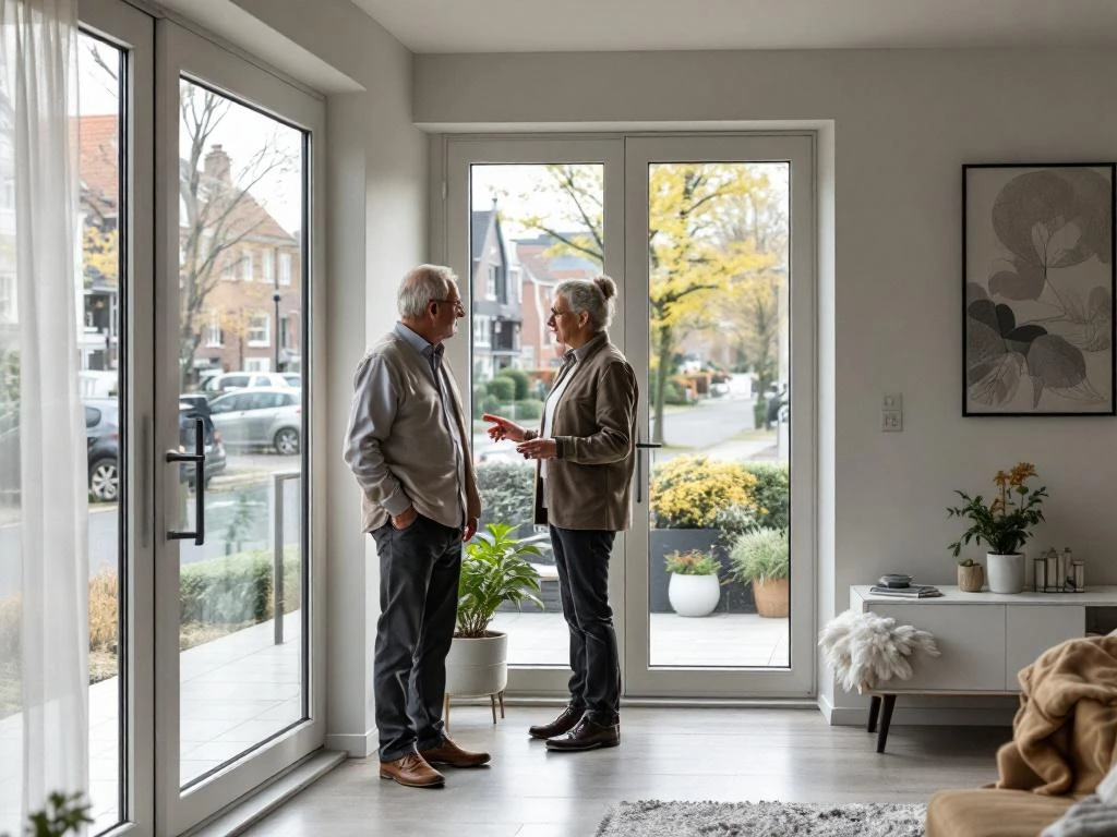 Bejaarde echtpaar bekijkt toegankelijke begane grond appartement in Rotterdam Kralingen met makelaar