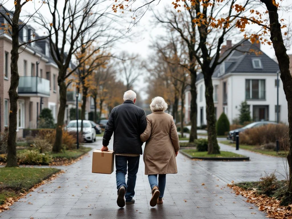 Bejaард echtpaar loopt met verhuisdozen naar moderne seniorenwoning in Gouda op bewolkte herfstdag