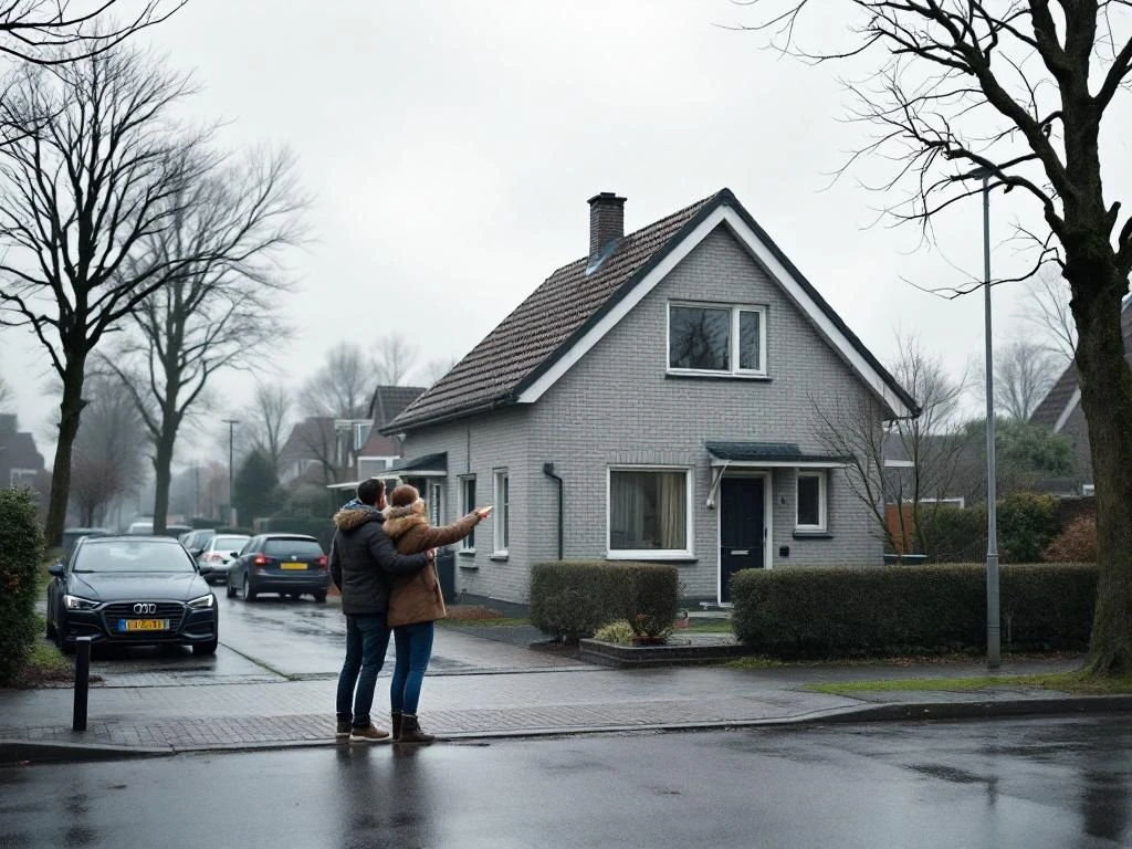 Jong stel bekijkt starterswoning vanaf straat in Waddinxveen, Nederland op bewolkte dag