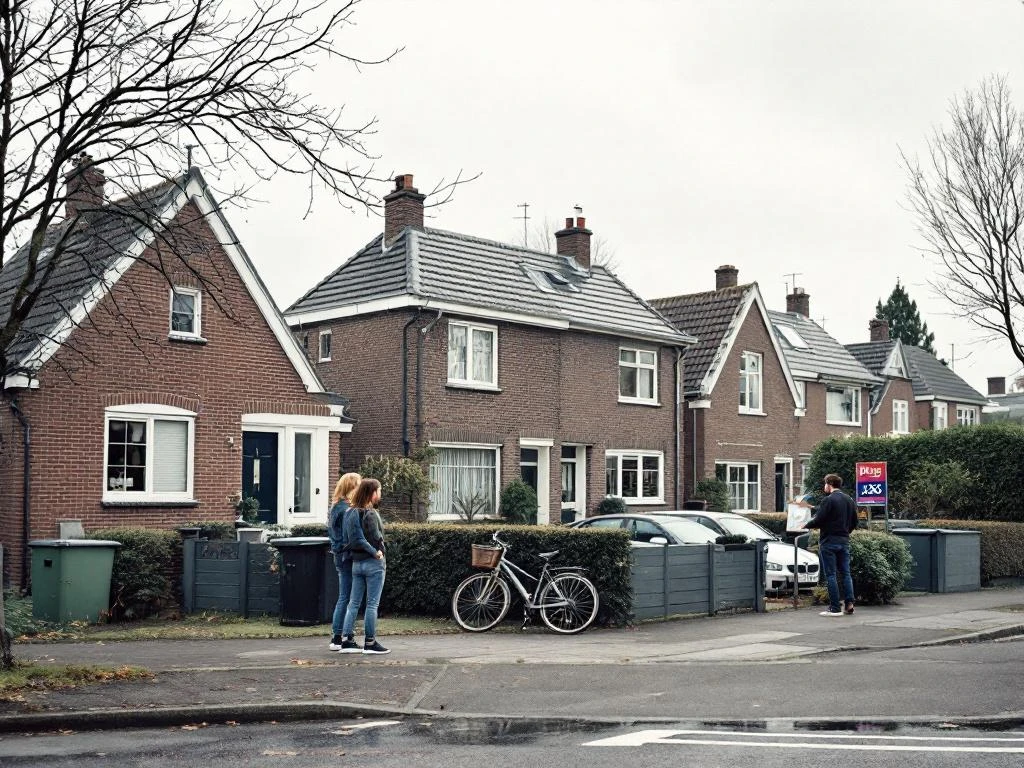 Jong stel bekijkt betaalbare starterswoningen in Rotterdam Noord met makelaar bij rijtjeshuizen uit jaren 70