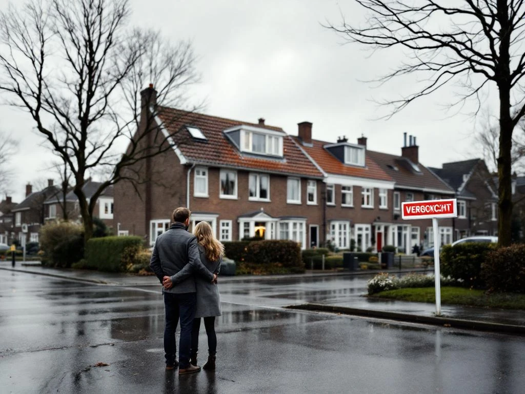 Teleurgesteld stel kijkt naar verkocht huis in Gouda, Nederland tijdens bewolkte herfstdag op natte straat