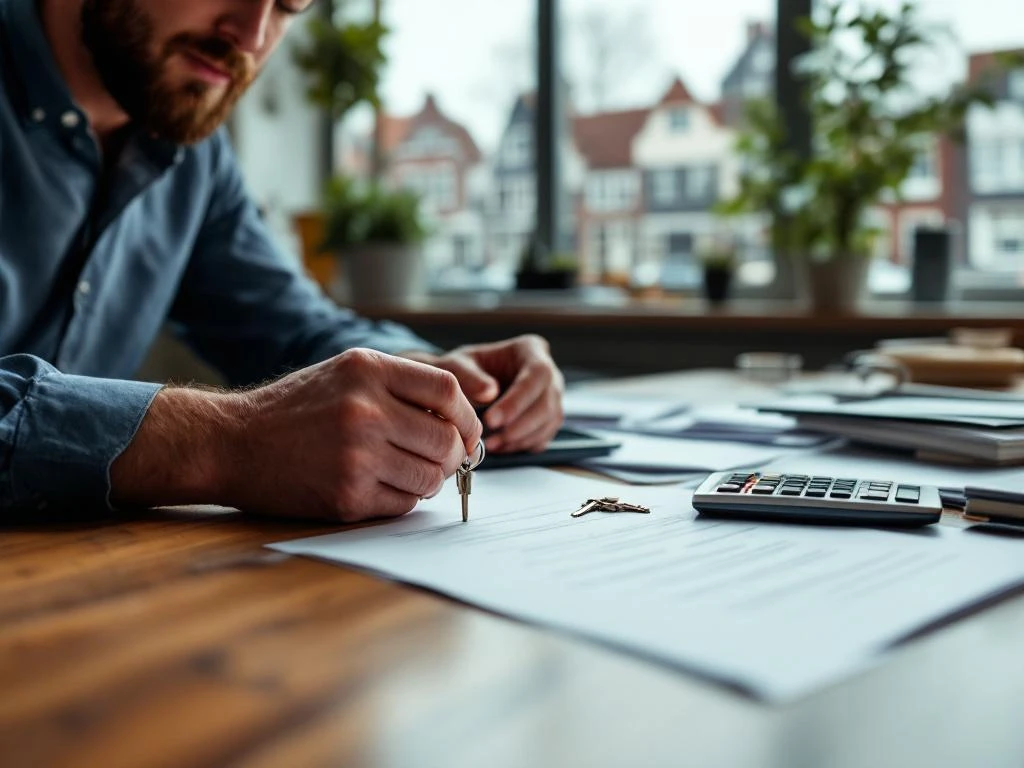 Vastgoedconsultatie kantoor in Gouda met documenten, sleutels en calculator op mahonie bureau, Nederlandse grachtenhuizen op achtergrond