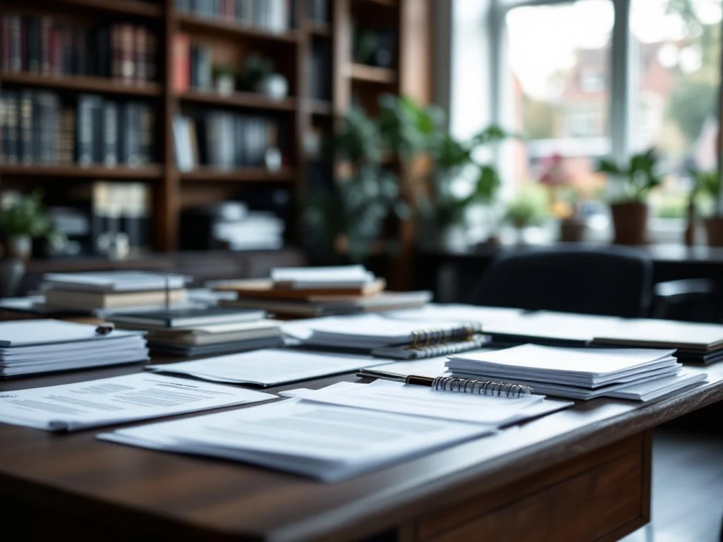 Georganiseerde documenten en eigendomsaktes op houten bureau in Nederlands makelaarskantoor met natuurlijk licht
