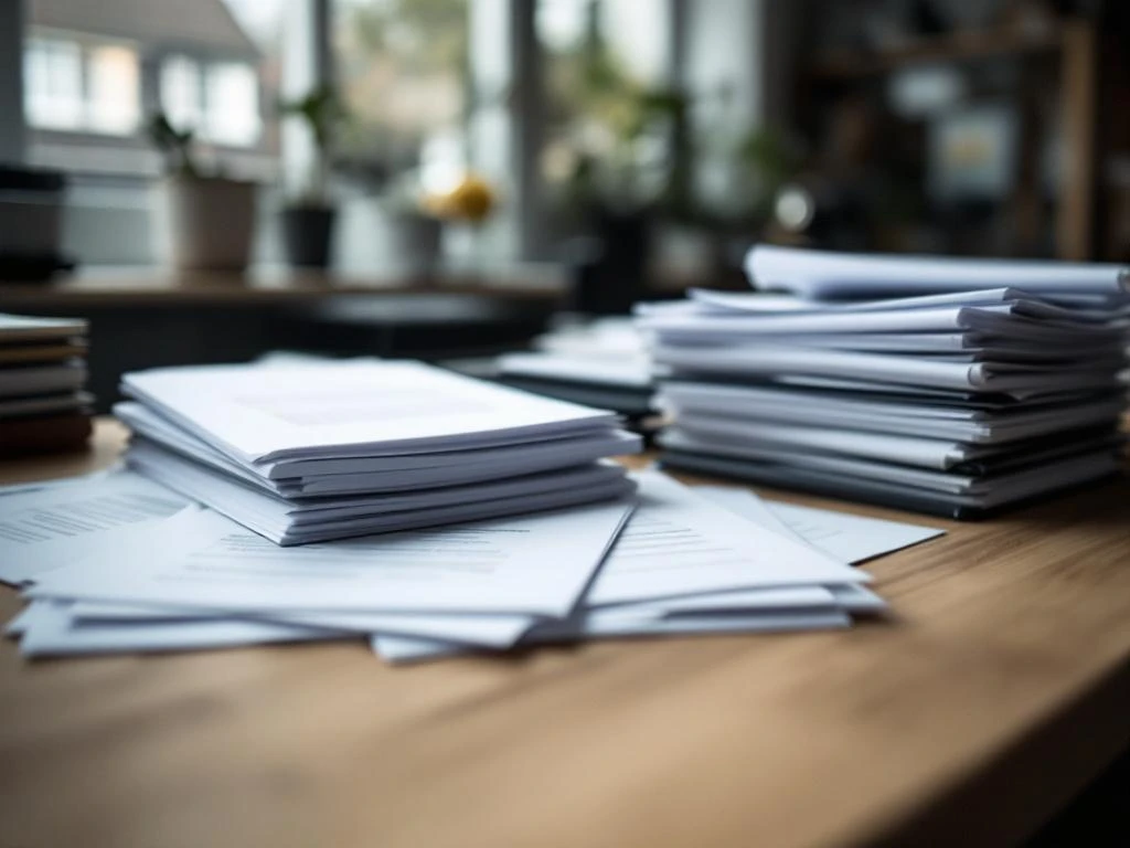 Georganiseerde vastgoeddocumenten en eigendomsaktes netjes gestapeld op houten bureau in Nederlands kantoor