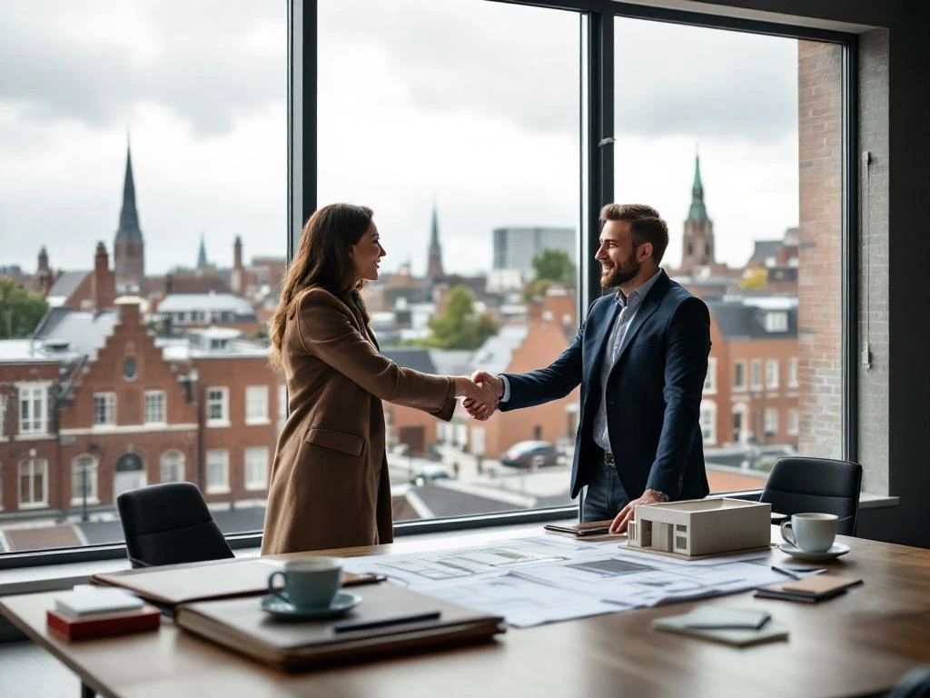 Makelaar en projectontwikkelaar schudden handen in vergaderruimte met uitzicht op Gouda, blauwdrukken op tafel