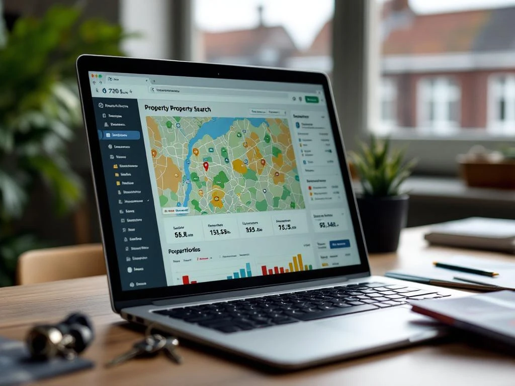 Laptop met digitale woningzoek-interface en kleurrijke wijkkaarten op houten bureau naast huissleutels en brochures