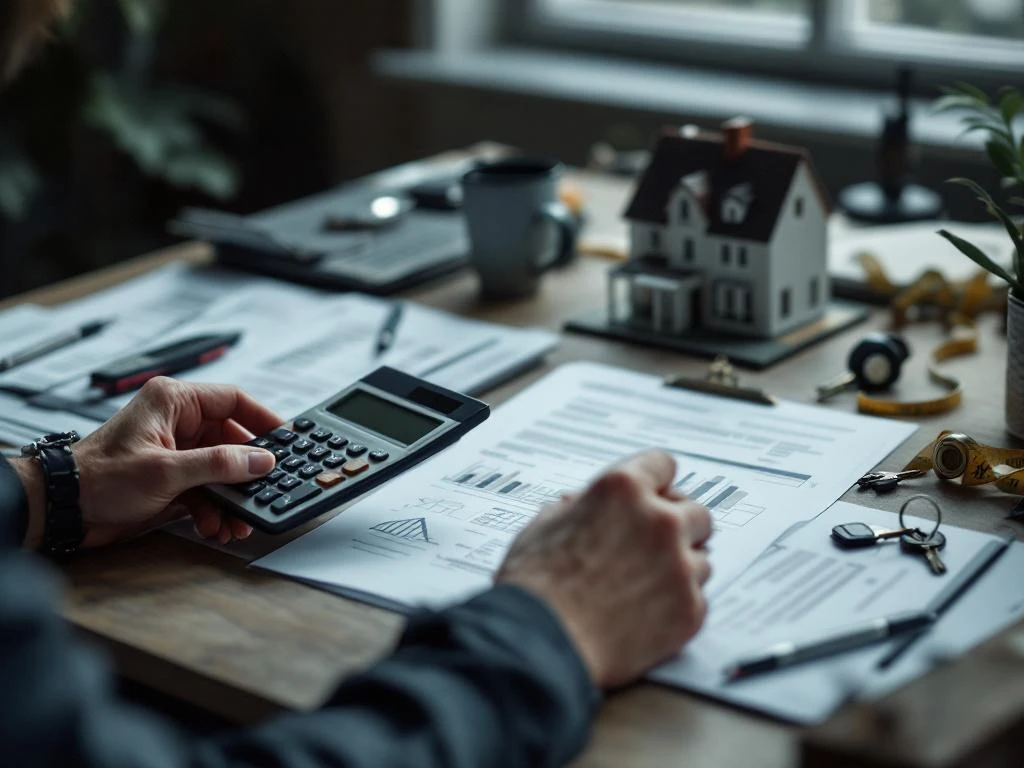Handen van Nederlandse makelaar met rekenmachine en huisdocumenten op bureau, Goudse grachtenpandmodel op achtergrond