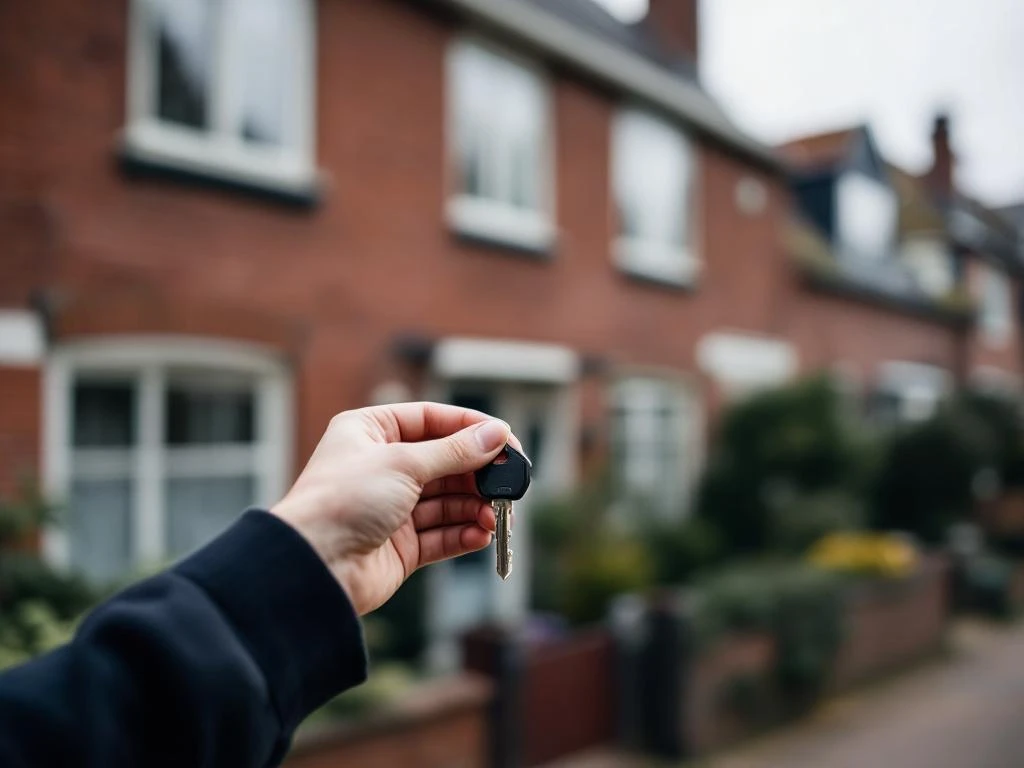 Makelaar houdt huissleutels voor traditioneel rood bakstenen huis in Gouda, Nederland