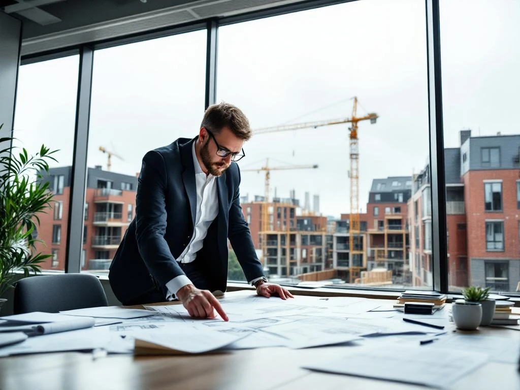 Vastgoedprofessional wijst naar bouwplannen op bureau met nieuwbouwproject Gouda op achtergrond door ramen