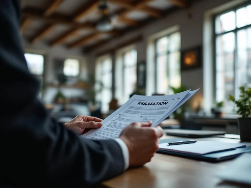 Vastgoedtaxateur bestudeert waarderingsdocumenten aan houten bureau in traditioneel Nederlands interieur met balkenplafond