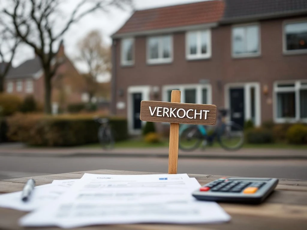 Nederlandse rijtjeswoning met rode dakpannen en VERKOCHT-bord in voortuin, documenten en rekenmachine op voorgrond