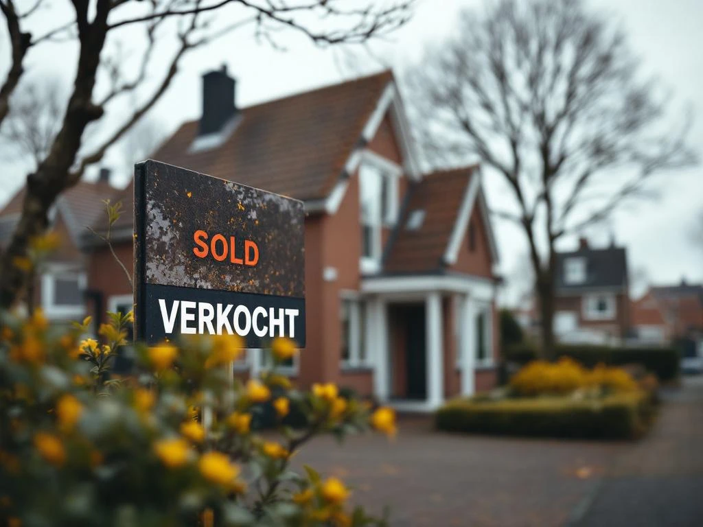 Moderne Nederlandse woning met rode bakstenen gevel en wit 'VERKOCHT' bord in voortuin, Gouda woonstraat