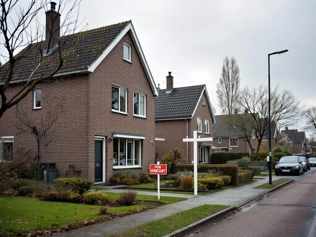 Moderne Nederlandse gezinswoningen in Waddinxveen met "VERKOCHT" en "TE KOOP" borden in voortuinen op bewolkte dag