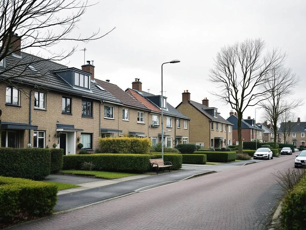 Rijtjeshuizen uit de jaren '70 met lichte bakstenen gevels langs rustige woonstraat in Waddinxveen, Nederland