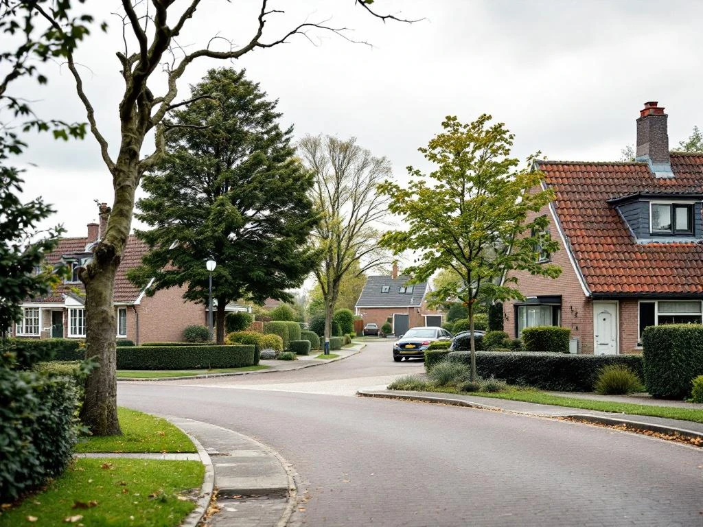 Rustige woonstraat in Waddinxveen met jaren '70 rijtjeshuizen, lichte bakstenen gevels en verzorgde voortuinen