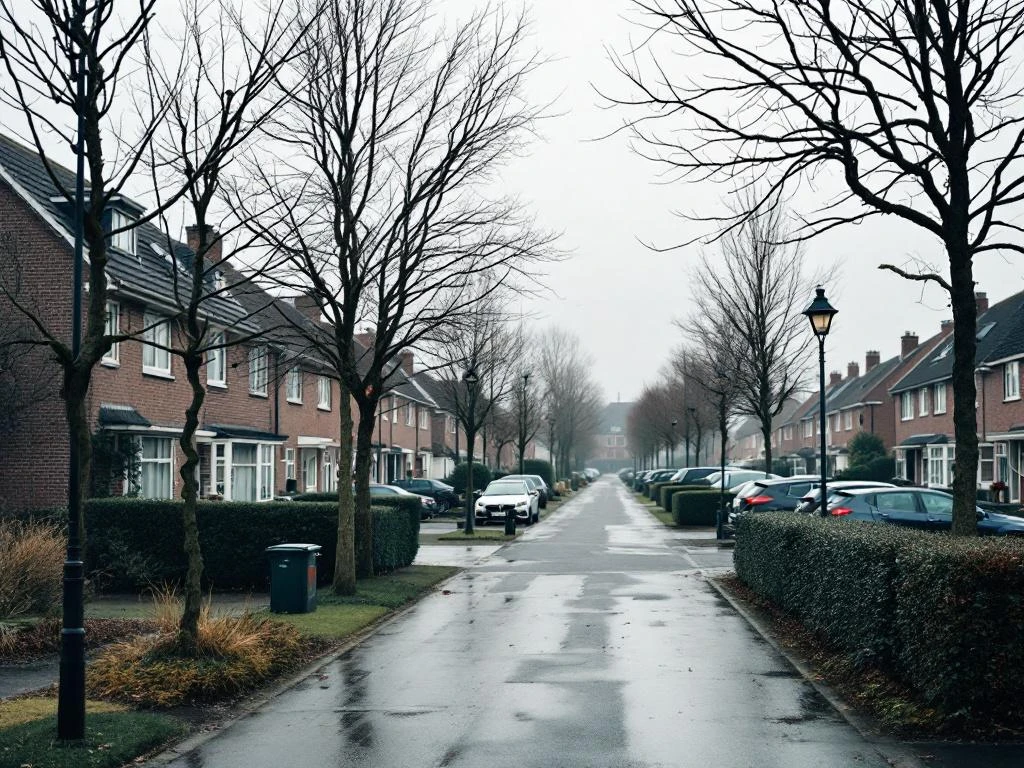Rijtjeshuizen in woonwijk Waddinxveen met voortuinen, geparkeerde auto's en grijze lucht op rustige straat