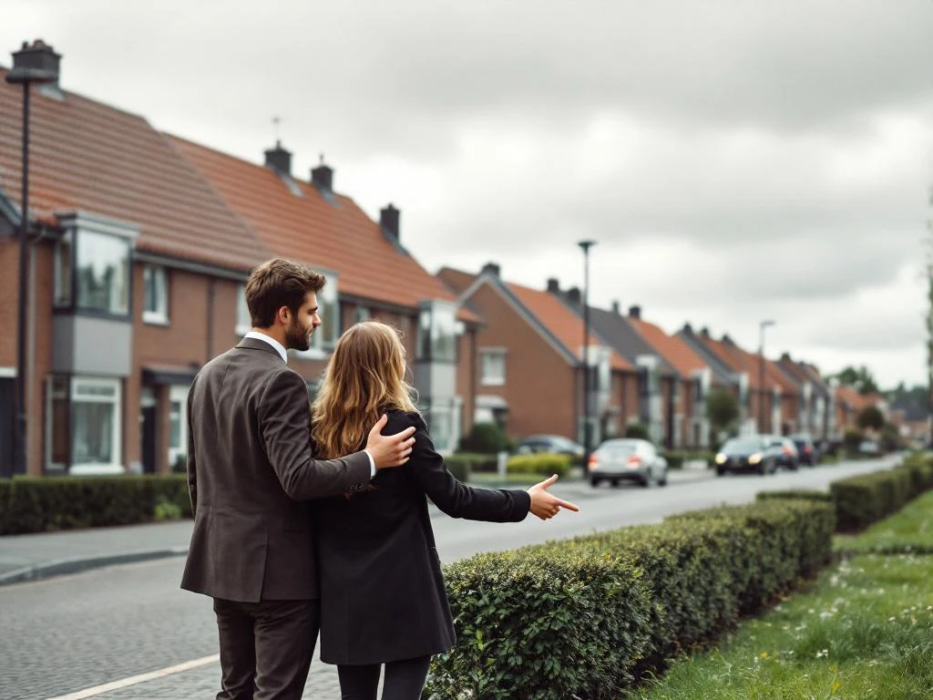 Jonge kopers bekijken Nederlandse rijtjeshuizen met makelaar in Waddinxveen woonwijk met rode pannendaken