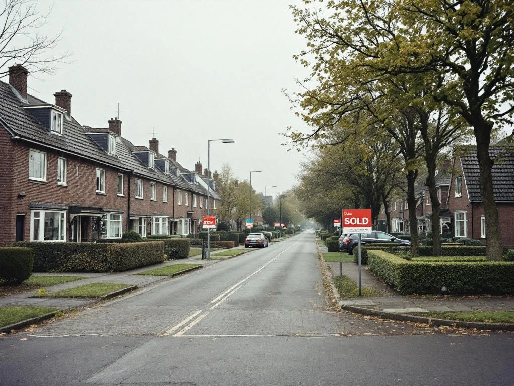 Straat in Waddinxveen met rijtjeshuizen uit jaren 70-80, bakstenen gevels, voortuintjes en geparkeerde auto's onder grijze lucht