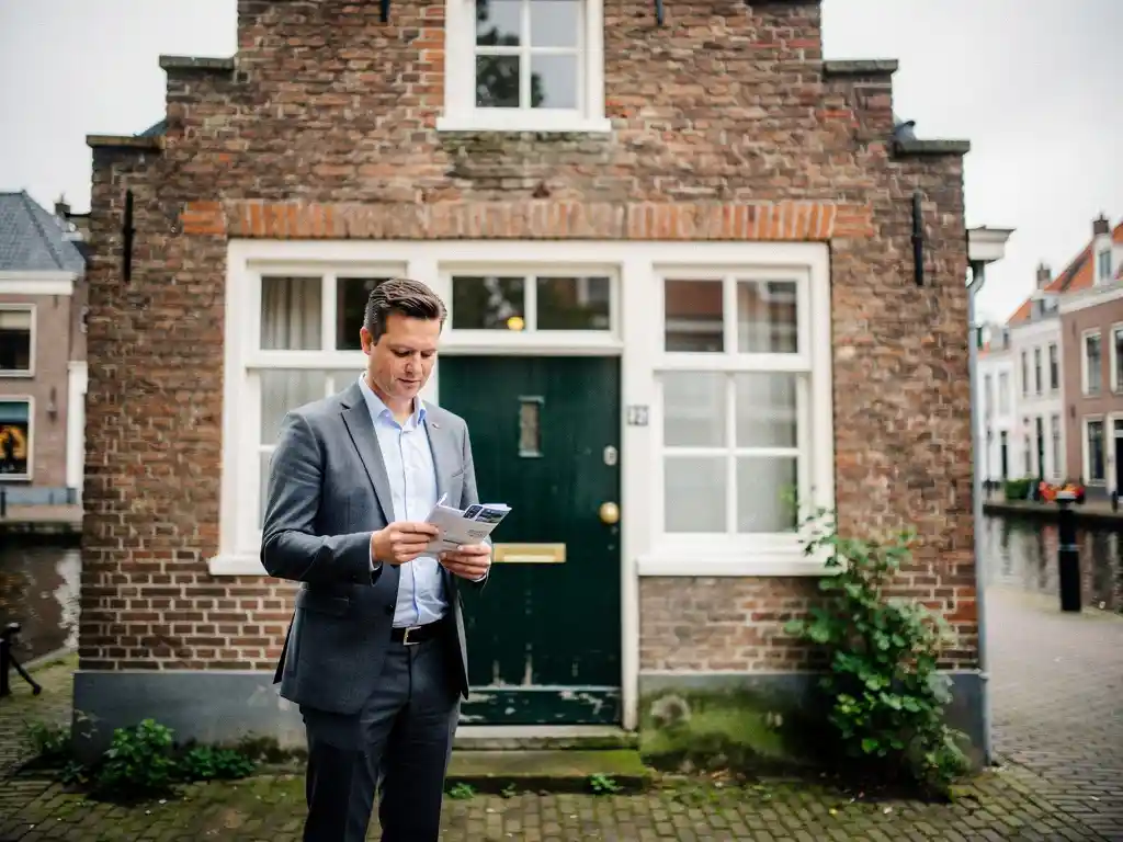 Nederlandse makelaar in casual zakelijke kleding voor een rood bakstenen 17e-eeuws grachtenpand met trapgevel in Gouda, documenten in hand.