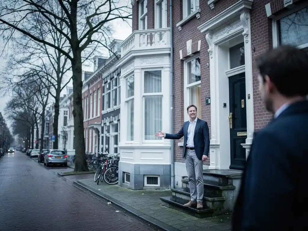 Makelaar in zakelijk casual kleding wijst naar een vooroorlogs herenhuis met erker aan een laan in Rotterdam Kralingen.