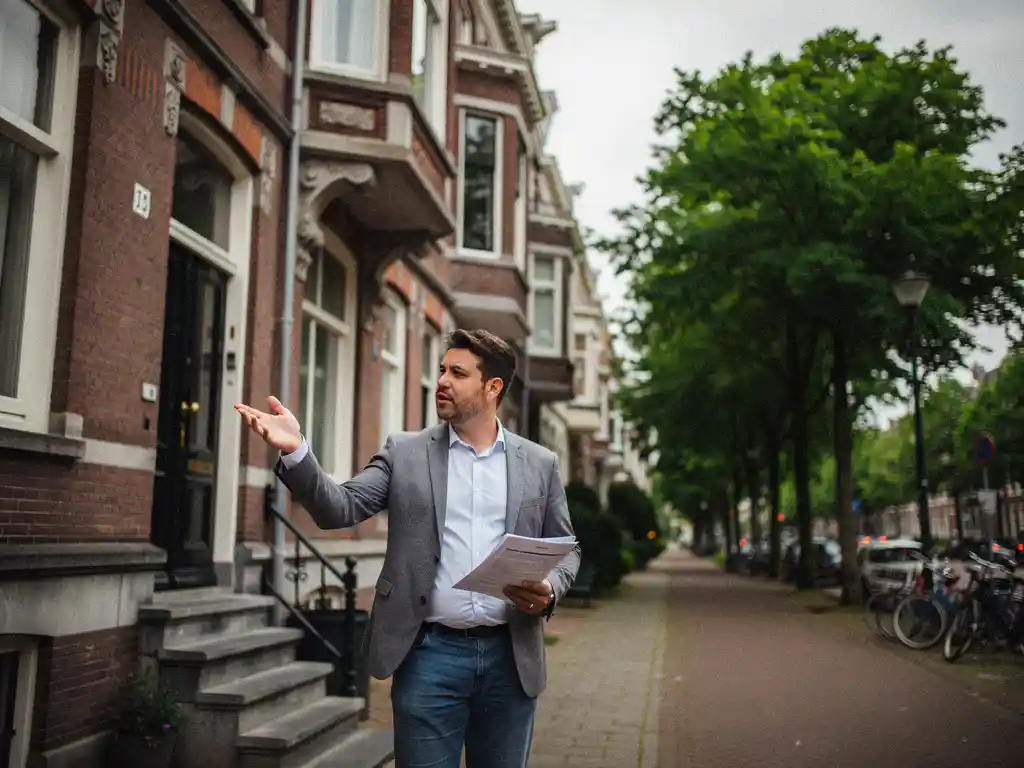 Makelaar in zakelijke kleding bij ingang van vooroorlogs herenhuis met erkers in Rotterdam Kralingen, huurдокументen in hand.

Wait, let me redo that without the mixed language error:

Makelaar bij ingang van vooroorlogs herenhuis met erkers in Rotterdam Kralingen, wijzend naar bakstenen gevel met huurstukken in hand.
