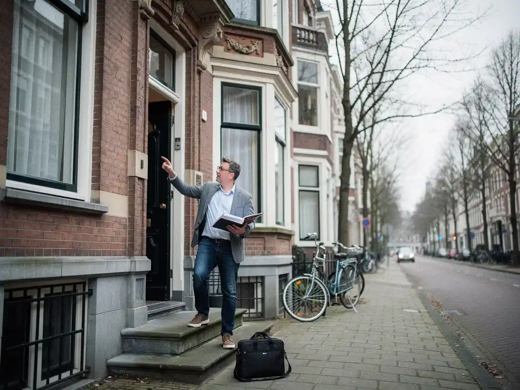Rotterdamse makelaar in casual blazer bij ingang van vooroorlogs herenhuis met erkers, dossier in hand, laptoptas aan zijn voeten.