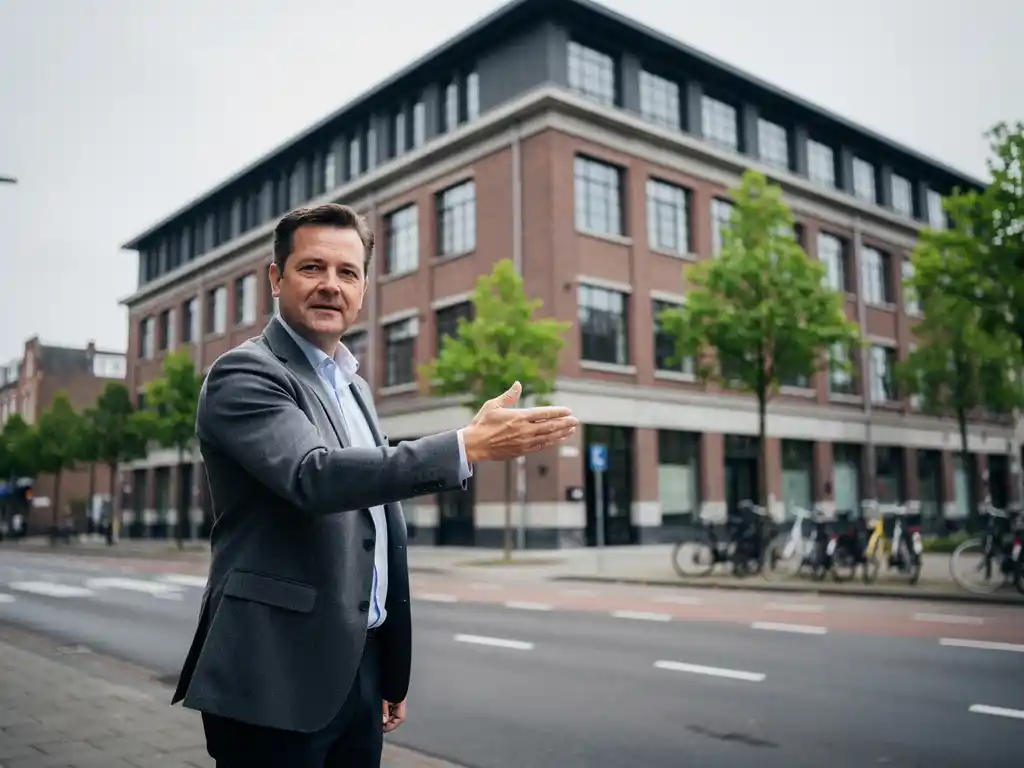 Makelaar in casual blazer wijst naar een bakstenen kantoorgebouw met industriële ramen aan een laan in Kralingen, Rotterdam.