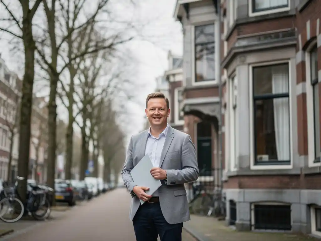 Makelaar in casual blazer bij de ingang van een vooroorlogs herenhuis met erkers aan een brede laan in Kralingen, Rotterdam.