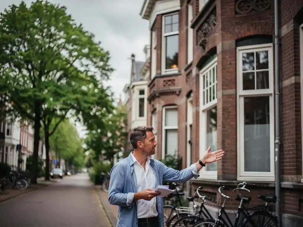 Makelaar in Kralingen wijst naar het baksteenmetselwerk van een vooroorlogs herenhuis met erkers aan een brede laan.