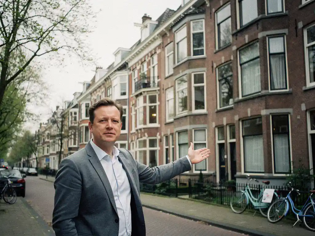 Makelaar in casual blazer wijst naar rij vooroorlogse herenhuizen met erkers aan een boomrijke laan in Kralingen, Rotterdam.